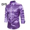 Men Shirt Club Dance Shirt Shiny Sequin Lapel Single Breasted Slim Fit Colorful Stripe Glossy Long Sleeve Performance Men Top