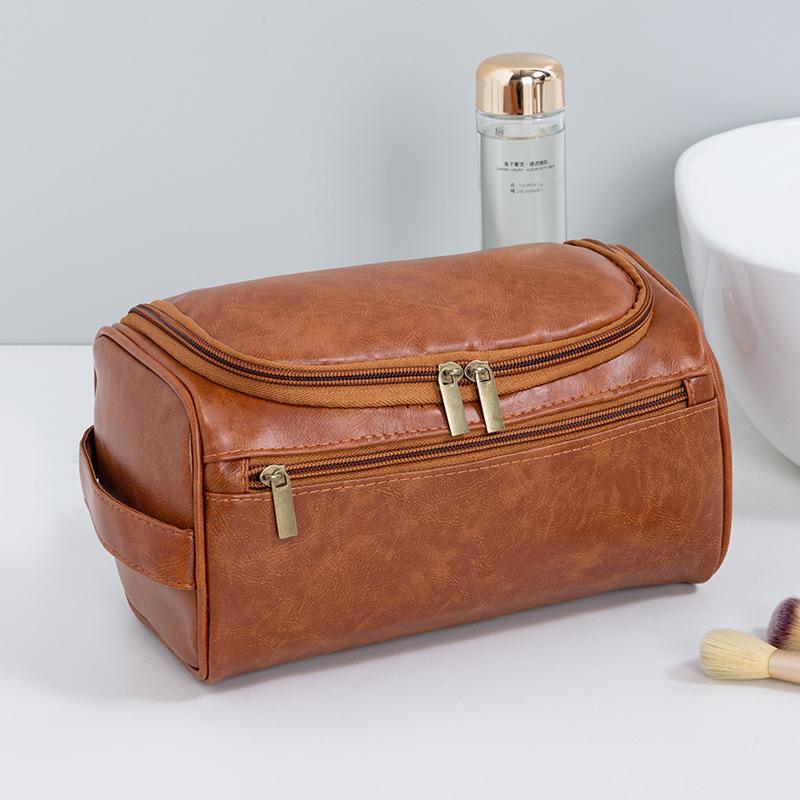 Leather Men Business Portable Storage Bag Toiletries Organizer Women Travel Cosmetic Bag Hanging Waterproof Wash Pouch
