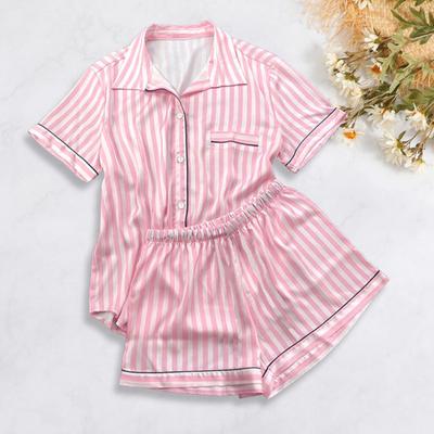 2 Pcs/Set Women Shirt Shorts Suit Lapel Short Sleeves Satin Striped Contrast Color Top Elastic Waist Short Trousers Homewear Loungewear Outfit Summer
