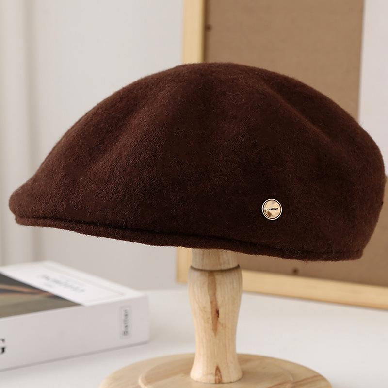 Autumn and Winter Literary and Artistic Versatility, Big Head Circumference Shows the Face, Small Clouds, Wool, Solid Color Peaked Cap, Octagonal Hat