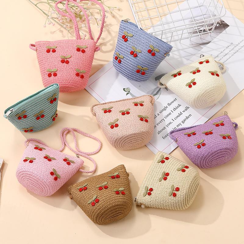 Children Foldable Woven Straw Bag Summer Girl Shoulder Bags Red Cherries Kids Handbags Beach Travel Crossbody Bags Small Wallets