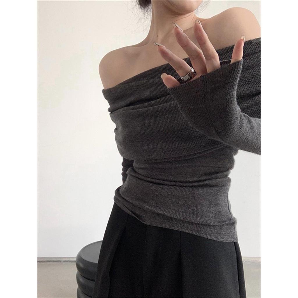 Women's Slim Fit One-Shoulder White Long-Sleeve Sweater, Elegant Pleated Spring Top