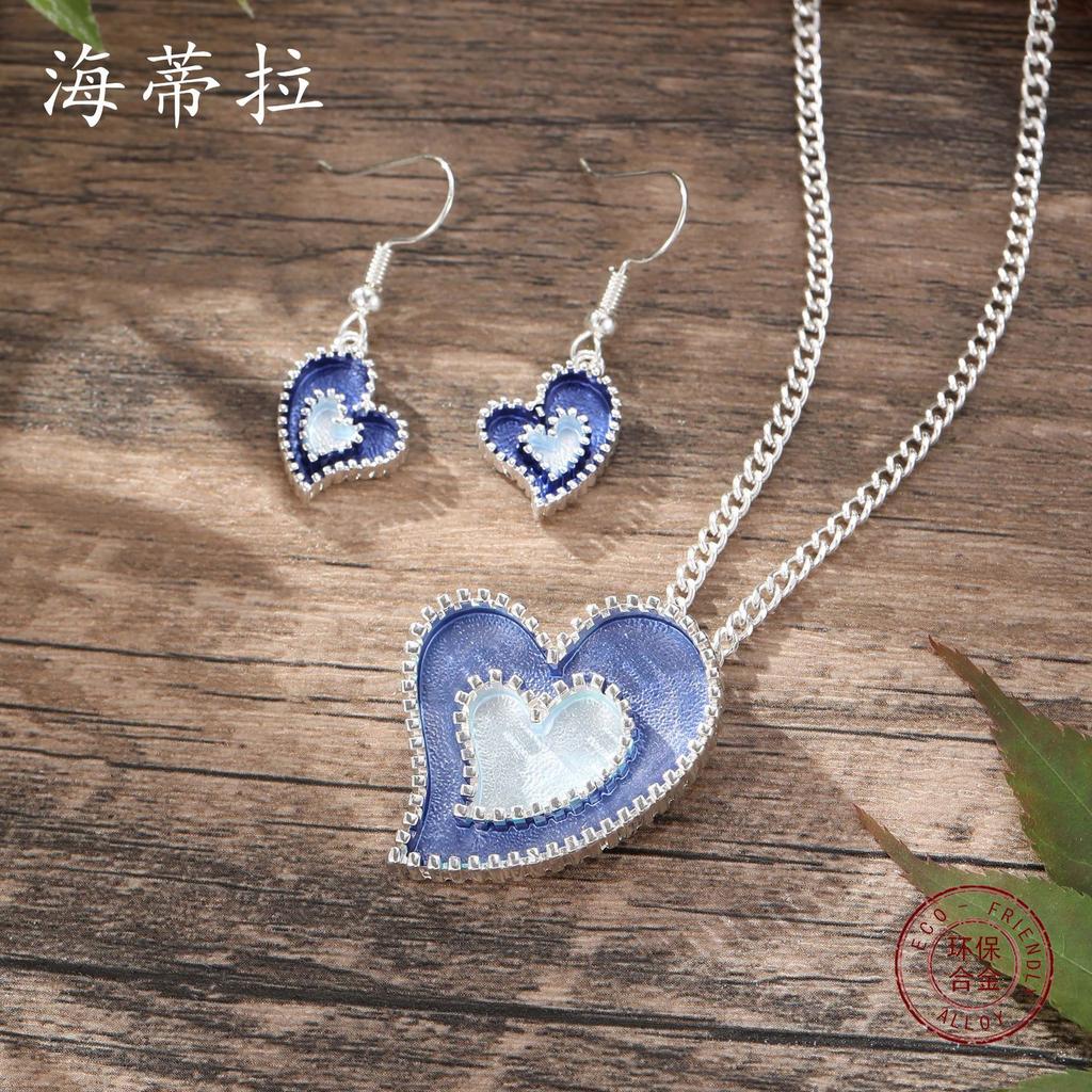Luxury new color painting oil love earrings pendant set, imitation diamond heart-to-heart earrings necklace set