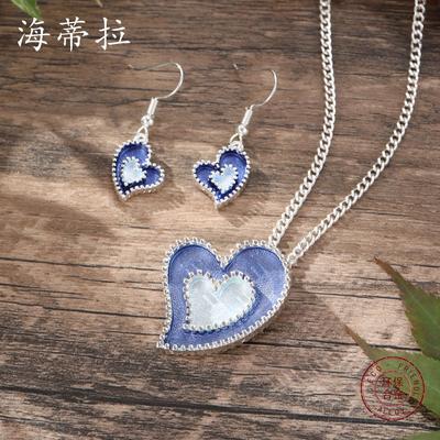 Luxury New Color Painting Oil Love Earrings Pendant Set, Imitation Diamond Heart-to-heart Earrings Necklace Set