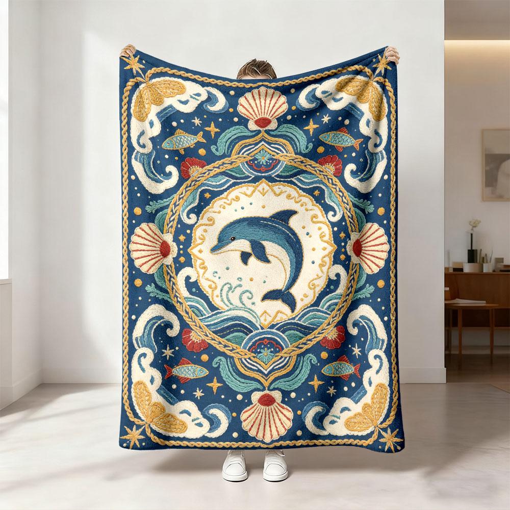 1Pc Retro European Dolphin Ocean Print Flannel Blanket, 230g Soft Warm Throw Blanket, Lightweight Nap Blanket For Sofa Couch