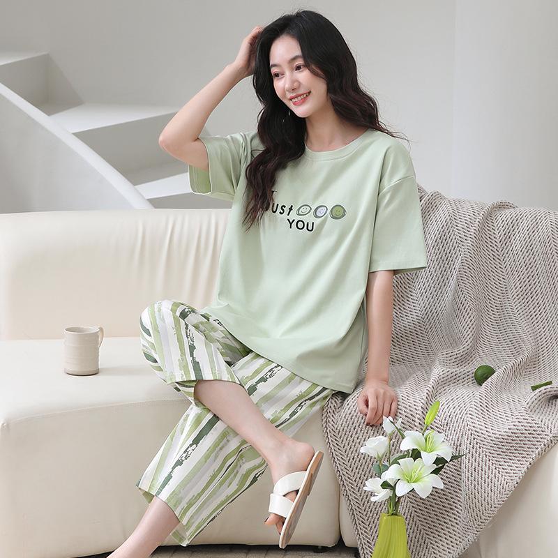 Cotton and silk pajamas women's summer thin round neck short-sleeved cropped pants Korean version Modal soft loose loungewear suit