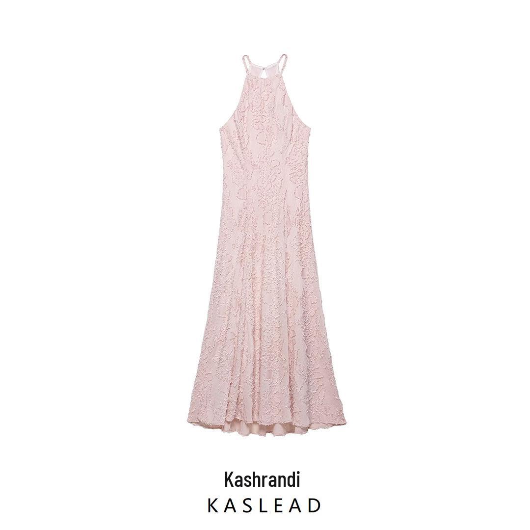 

2025 Summer Women s European & American Halter Neck Dress - Fashionable, Simple Texture L розовый
