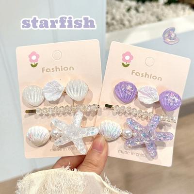 3pcs/Set New Ocean Series Shell Starfish Hair Clips Pearl Glitter Hairpins Purple Barrette Hair Accessories