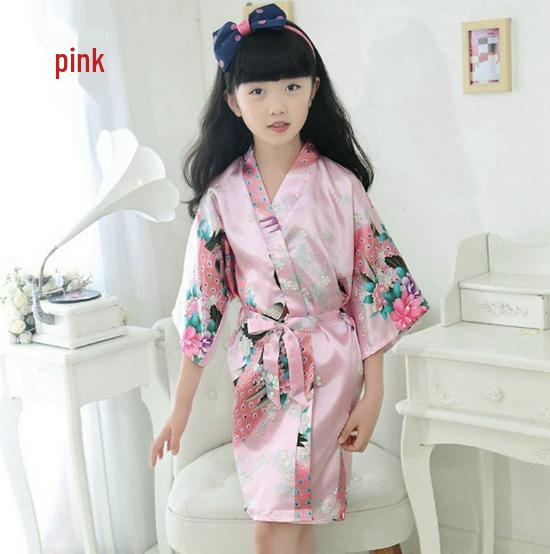 

Шелковый халат-кимоно с павлином для девочек - Детская ночная сорочка, одежда для сна, халат 150cm (12#) розовый