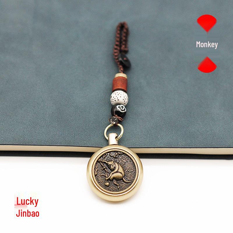 Rotating Brass Zodiac Signs Vermilion Gourd Keychain for Wealth & Treasures