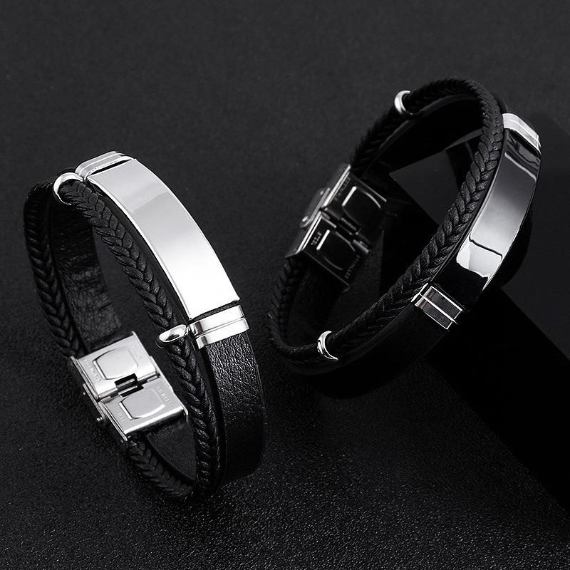 Hip Hop Punk Style Double Layer Braided Leather Bracelet Titanium Steel Chain