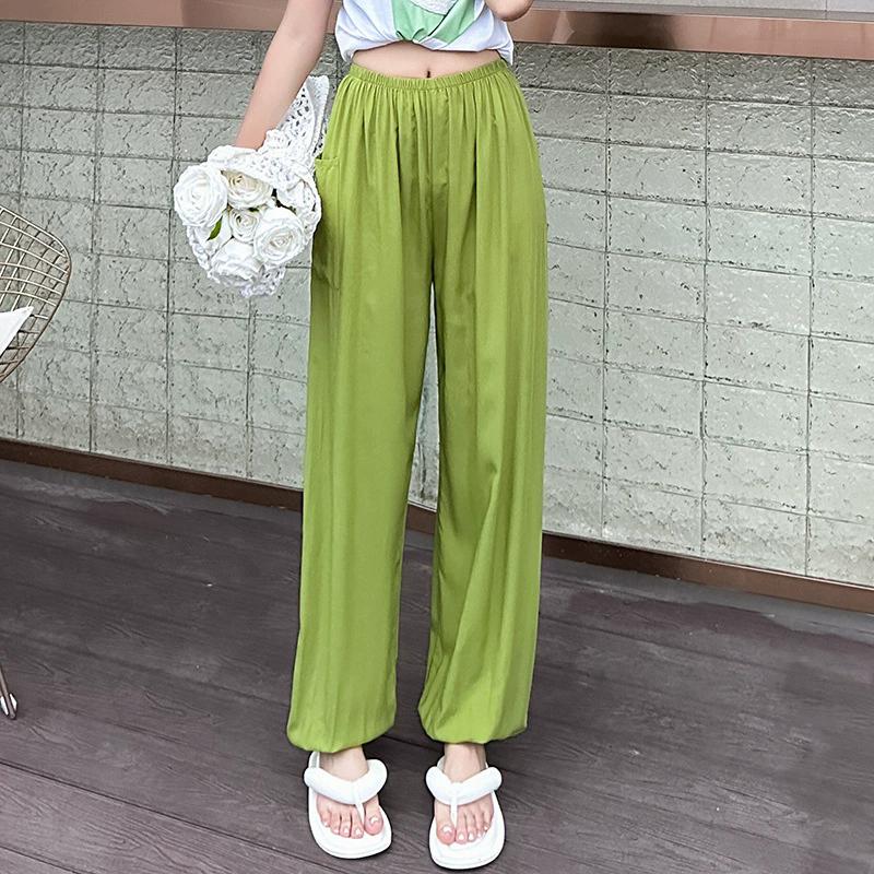 Pantaloni de pijama din bumbac mătase pentru femei, secțiune subțire de vară, anti-țânțari, pantaloni cu picior lat, culoare uni, pentru exterior, casă, petrecere a timpului liber, imprimeu, pantaloni de plajă până la genunchi