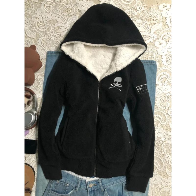 Jaquetas de Lã de Cordeiro Y2k Moletoms Góticos Femininos Caveira Grunge Zíper Streetwear Harajuku Feminino Vintage Casaco Casual