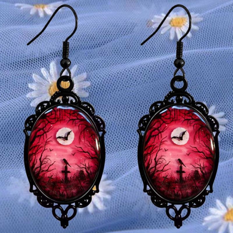 Gothic Crow on Skull Cross Earrings - Halloween Gift