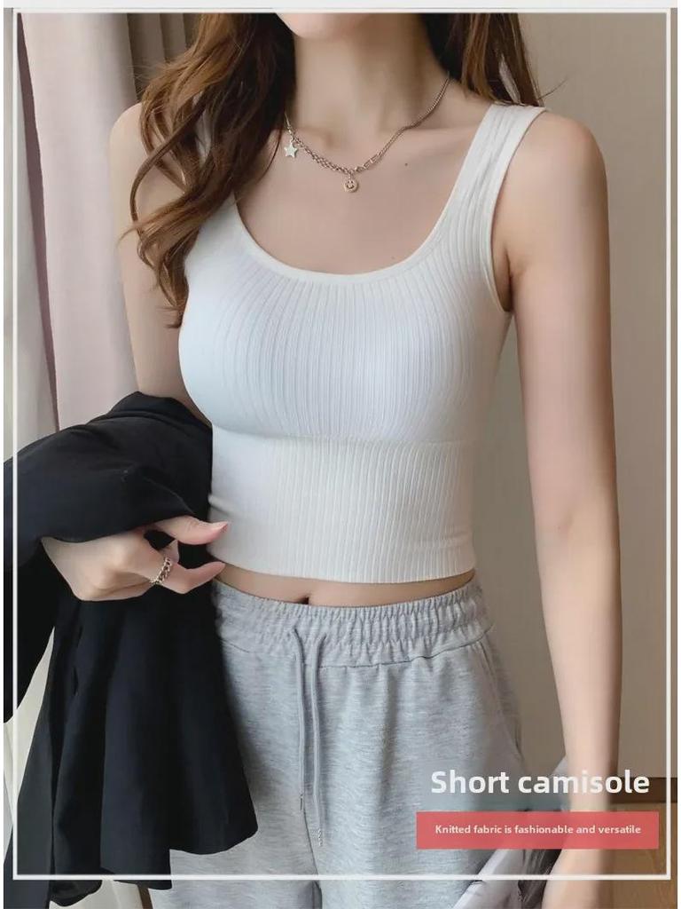Women's Knitted Wide-Strap Sports Vest with Chest Pads - Strapless Base Top for Spring & Summer