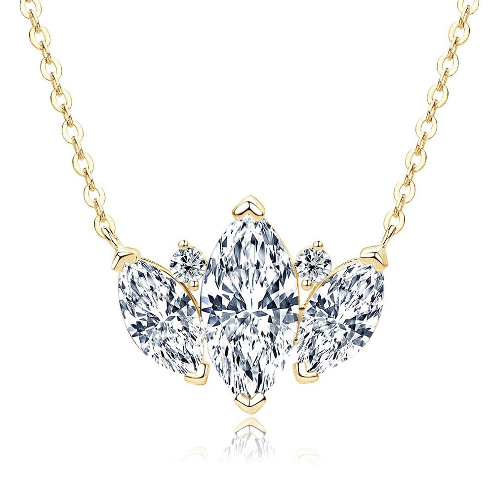 Wholesale Trendy Olive Leaf Shiny Gold Plated Marquise Round Cubic Zirconia V-Neck Collarbone Chain Pendant Necklace for Women 45+5cm