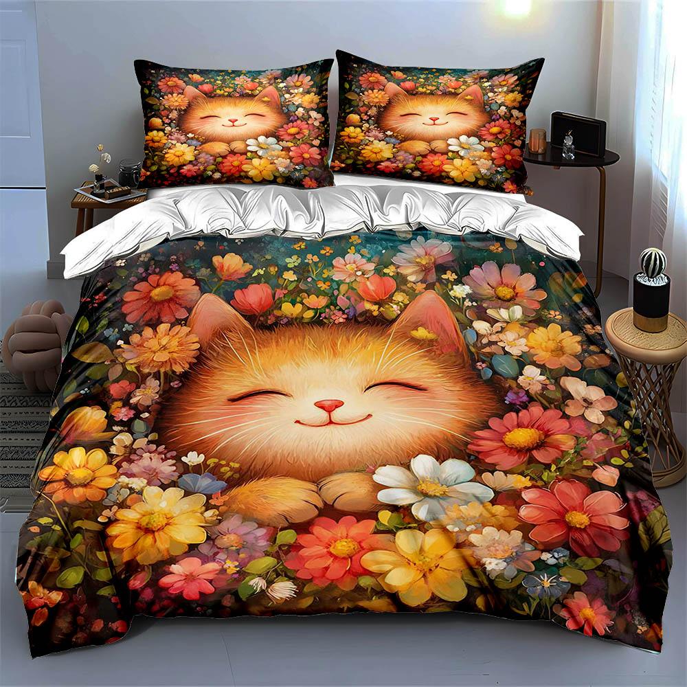 Smiling cat flowers Bedding Duvet cover sets Duvet covers Pillowcases gifts (1 * Duvet Cover 2 * Pillowcases, without duvet insert)