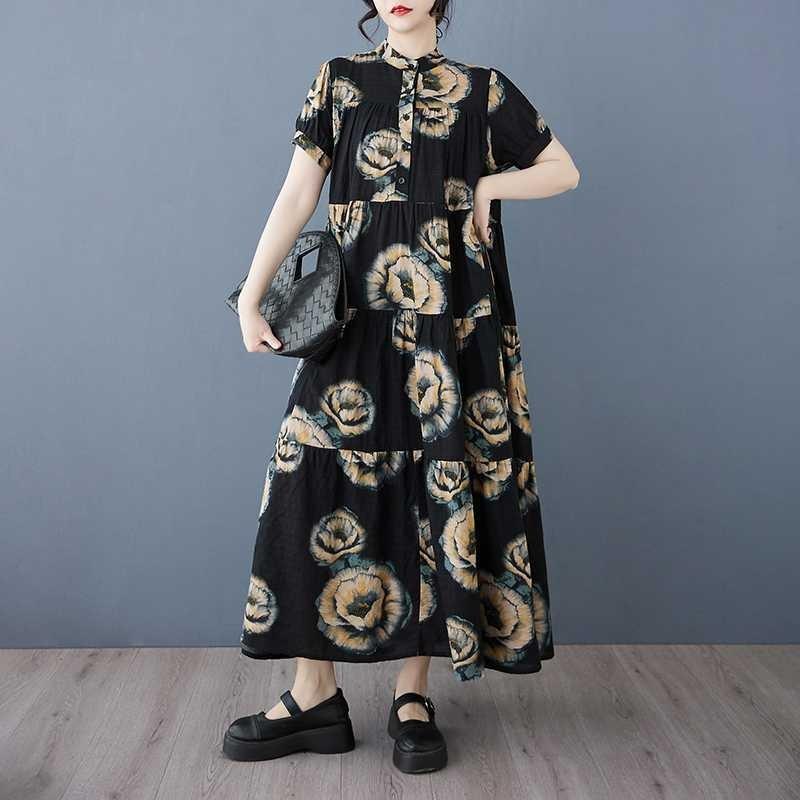 2025 Summer New Women Loose Big Size Fashion Printing Slim Long Dresses