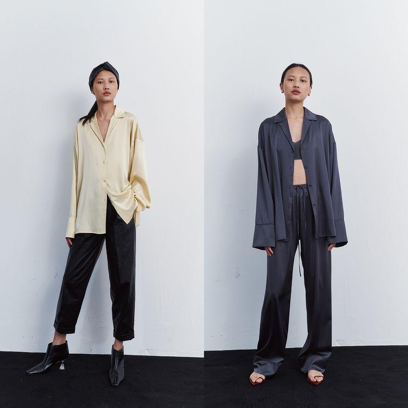 

Joc Private Clothing Ins Lazy Casual Glossy Silk Satin Pajamas Style Can Be Worn outside Profile Shirts/God Pants/Eye Mask Glutinous ROW milk yellow-nine pants 40