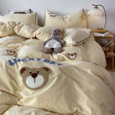 Cute Bear Washed Cotton Bed Four-piece Set Soft Skin-friendly Yellow Quilt Cover Bed Sheet Three-piece Set