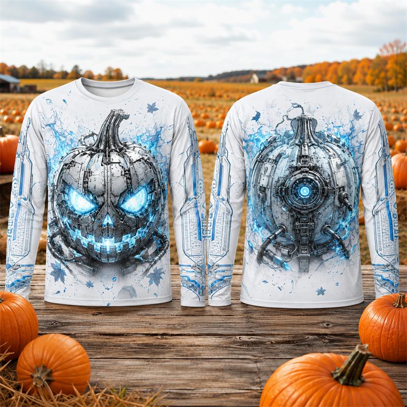 Halloween Long Sleeve T Shirt Men Mechanical Cyber Jack O Lantern Pumpkin 3D Print Flame Autumn Leaf Graphic Top Party Unisex