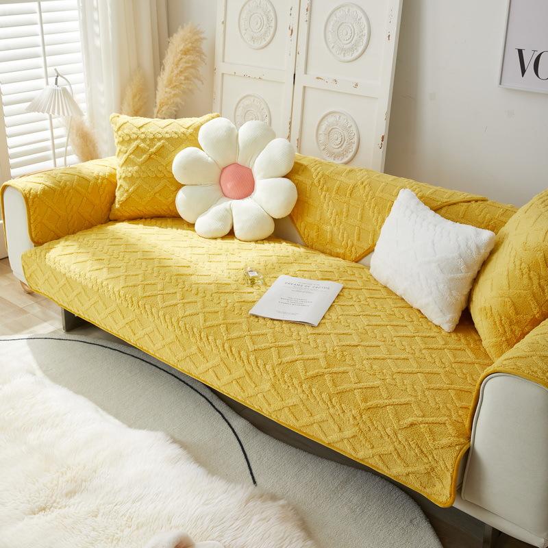 Warm Plush Sofa Cover Solid Colour Jacquard Velvet Living Room Sofa Cover Non-Slip Thickened Sofa Cushion Armrest Back Towel