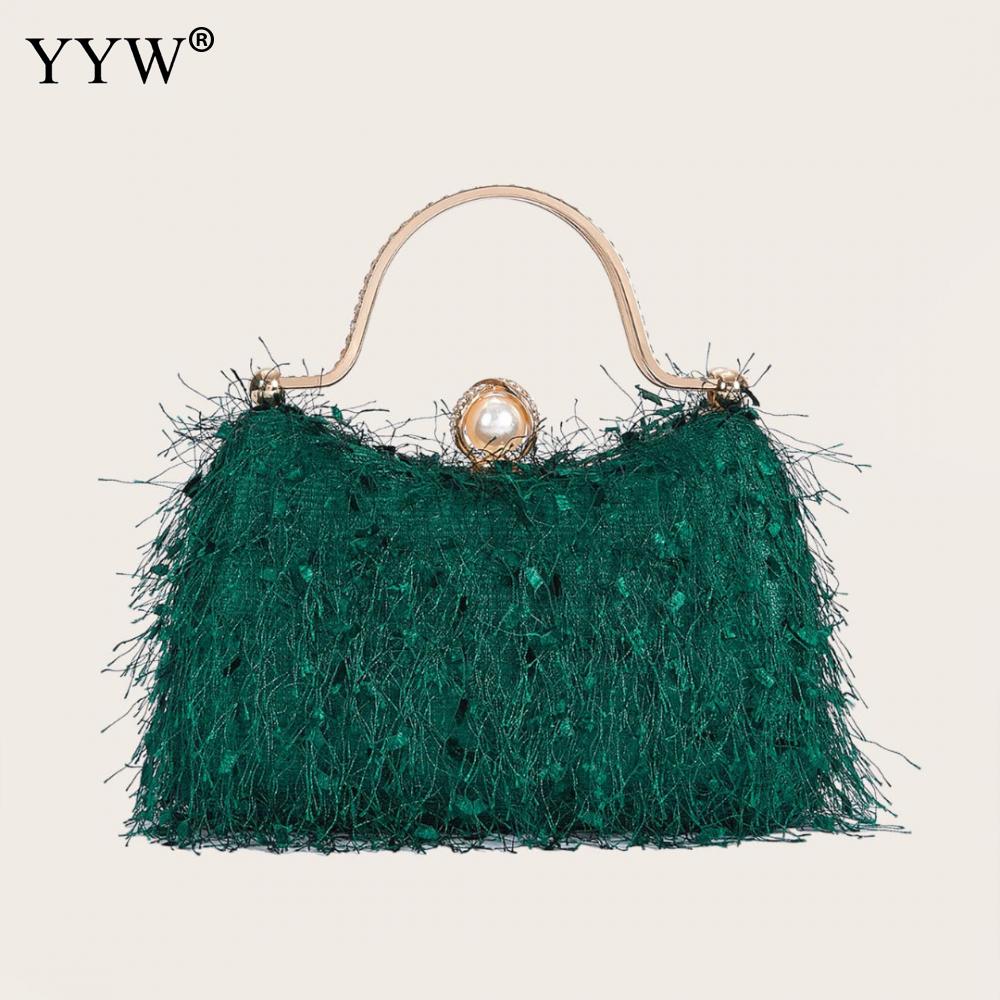 

Tassel Evening Party Women Handbags Nylon Luxury Wedding Feather Female Clutch Elegant Feather Shoulder Crossbody Bag Green Bags зелений