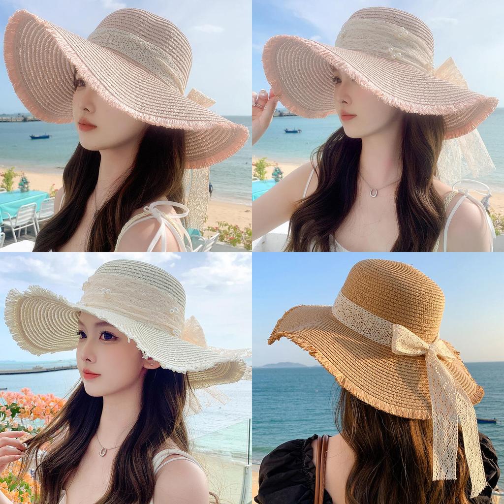 Straw Hat For Women With Wide Brim Polyester Sun Protection And Sweet Bow Accent For Summer Outdoor Wear