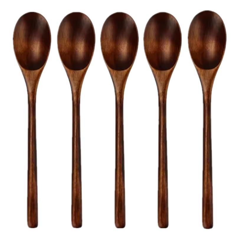 5 Pcs Natural Wooden Soup Spoon Set Food Grade Heat Resistant Ellipse Ladle for Home Kitchen Cooking Tableware