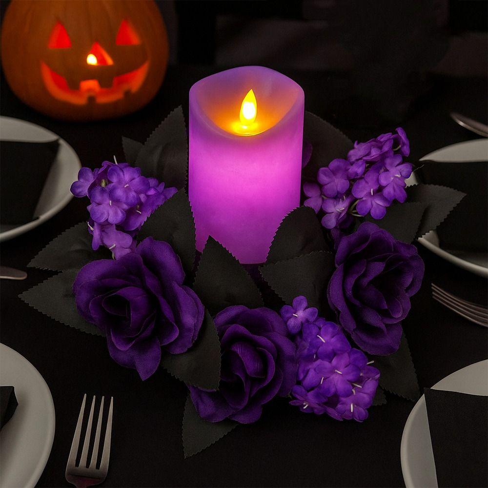 Purple Artificial Rose Flowers Spooky Table Candle Holders Halloween Candle Rings Dining Table