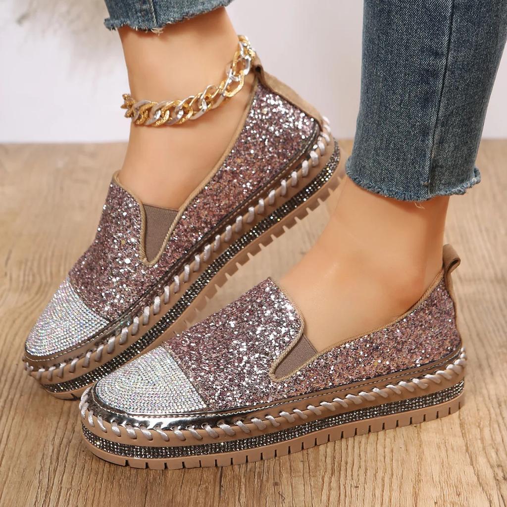 Fashion Women Sneakers 2025 New Women Flat Sequined Sneakers Casual Women Mesh Lace-up Fine Diamond Sequins Platform Vulcanized Shoes