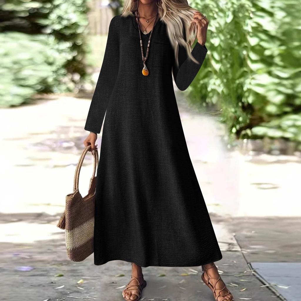 Women's Fashion V-Neck Long Sleeve Pocket Solid Color Zipper Casual Vacation Long Cotton Linen Dresses