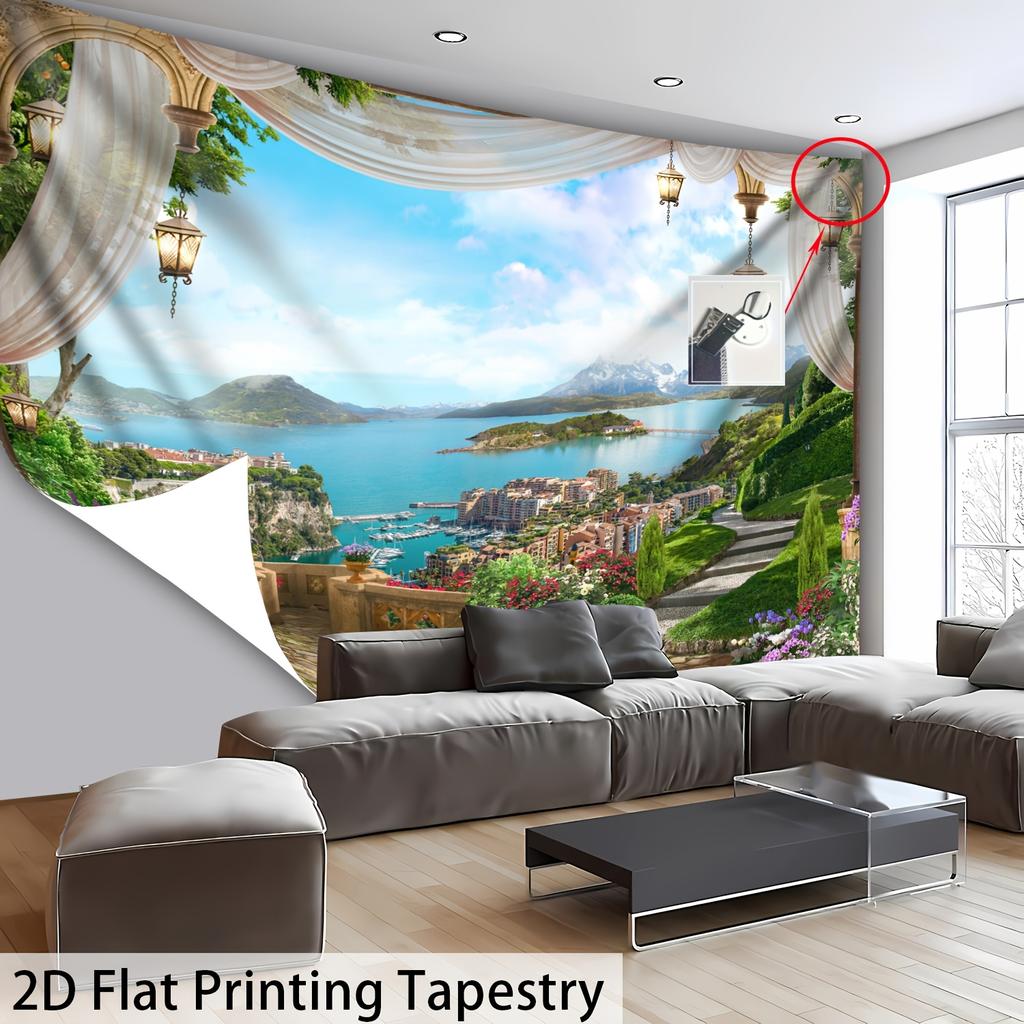 European Window View Tapestry, Lake And Mountain Landscape Wall Hanging, 2D Flat Printing Home Decor For Bedroom Living Room