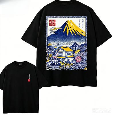 2026 New Unisexs Cotton Casual Short Sleeve Tshirt With Japanese Mount Fuji Cherry Blossoms Print Breathable Round Neck Summer Tee