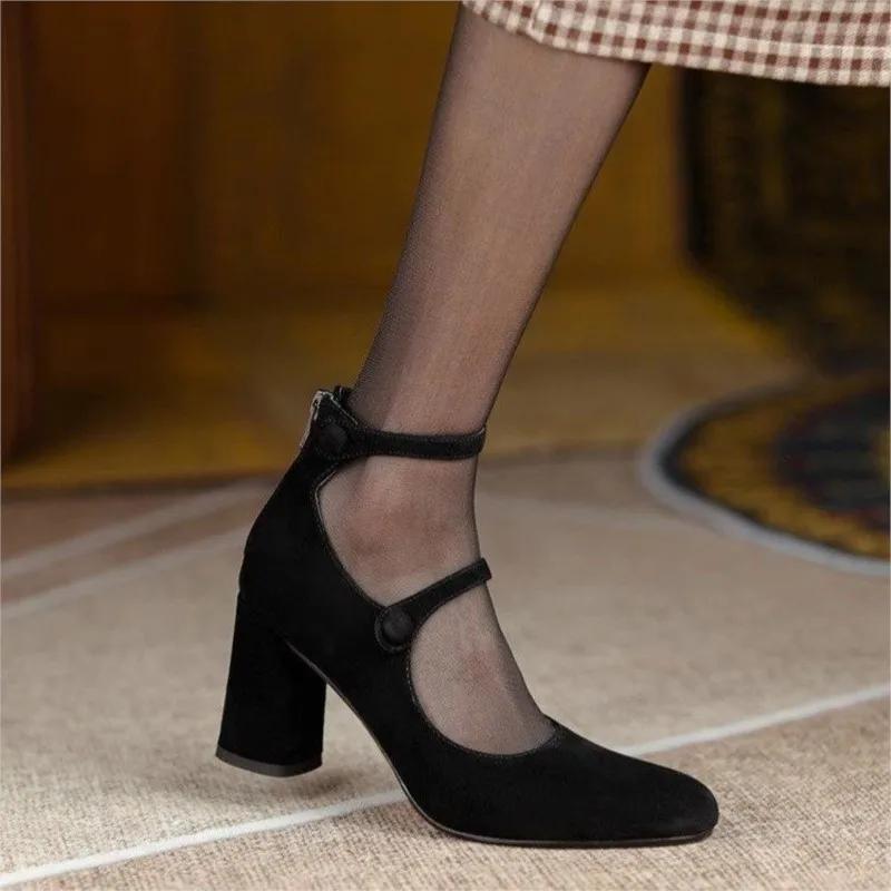 Women's High Heels Dress Shoes Black Sexy Pumps Ankle Strap Faux Suede Shoes Double Buckle Mary Janes Shoes Spring Autumn 1748N