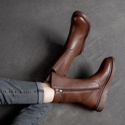 Schoenen Mid Calf Dameslaarzen Wighak Bikerschoenen voor Dames Halfhoog Leer Bruin Mode 2024 in de aanbieding Y2k