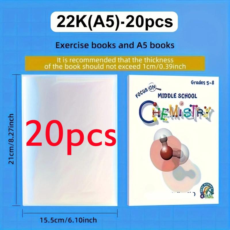 20pcs Transparent Book Covers Fit A4/16K/22K Textbook Paperback Book Sleeve Protector Waterproof PP Clear Self Adhesive Closure