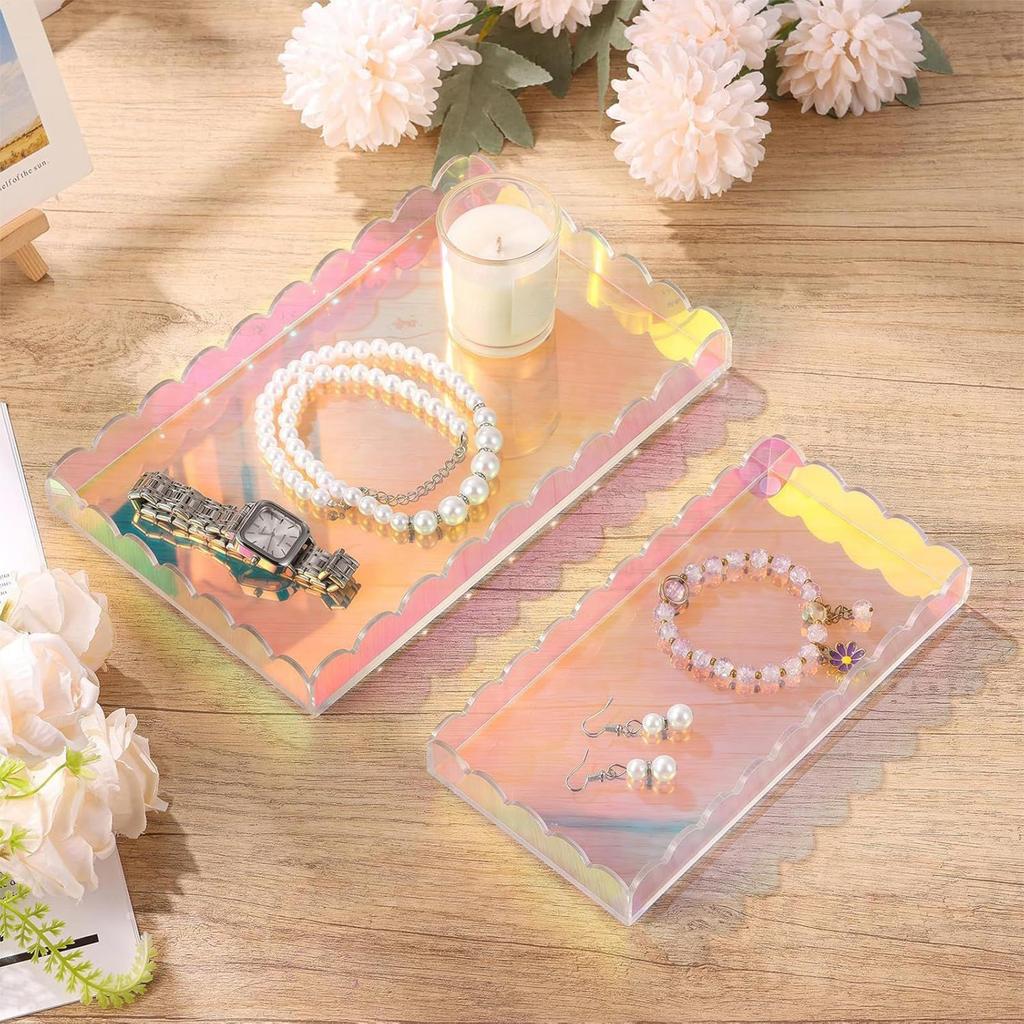 Acrylic Tray 2-Piece Colorful Scalloped Vanity Tray Coffee Table Decor For Kitchen Vanity Nightstand Counter Home Decor Soap