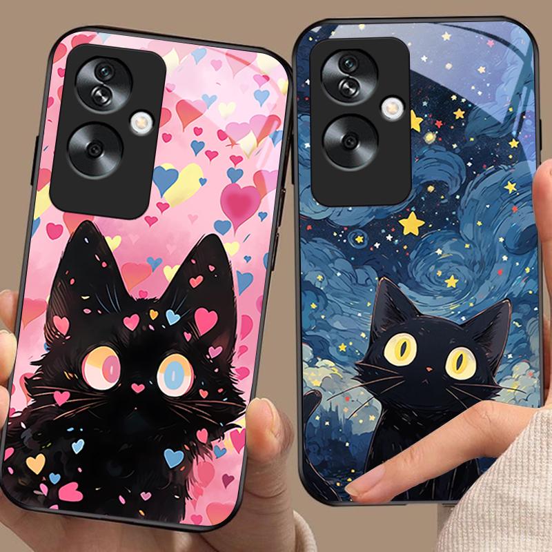Cute Little Cat Black For Oppo A79 5G 58 78 74 60 4G Reno 11F Realme GT 6 11 Note 50 10 C55 X2 Tempered Glass Black Phone Case