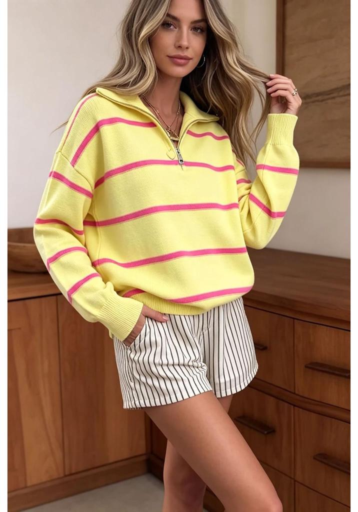2026 Fall/Winter Women's Striped Zipper Sweater - Loose European and American Fashion Knit Pullover