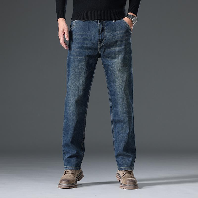 Men's Spring/Summer Cotton Straight-Leg Jeans with Fleece—Versatile, Elastic, Loose-Fit Casual Trousers.