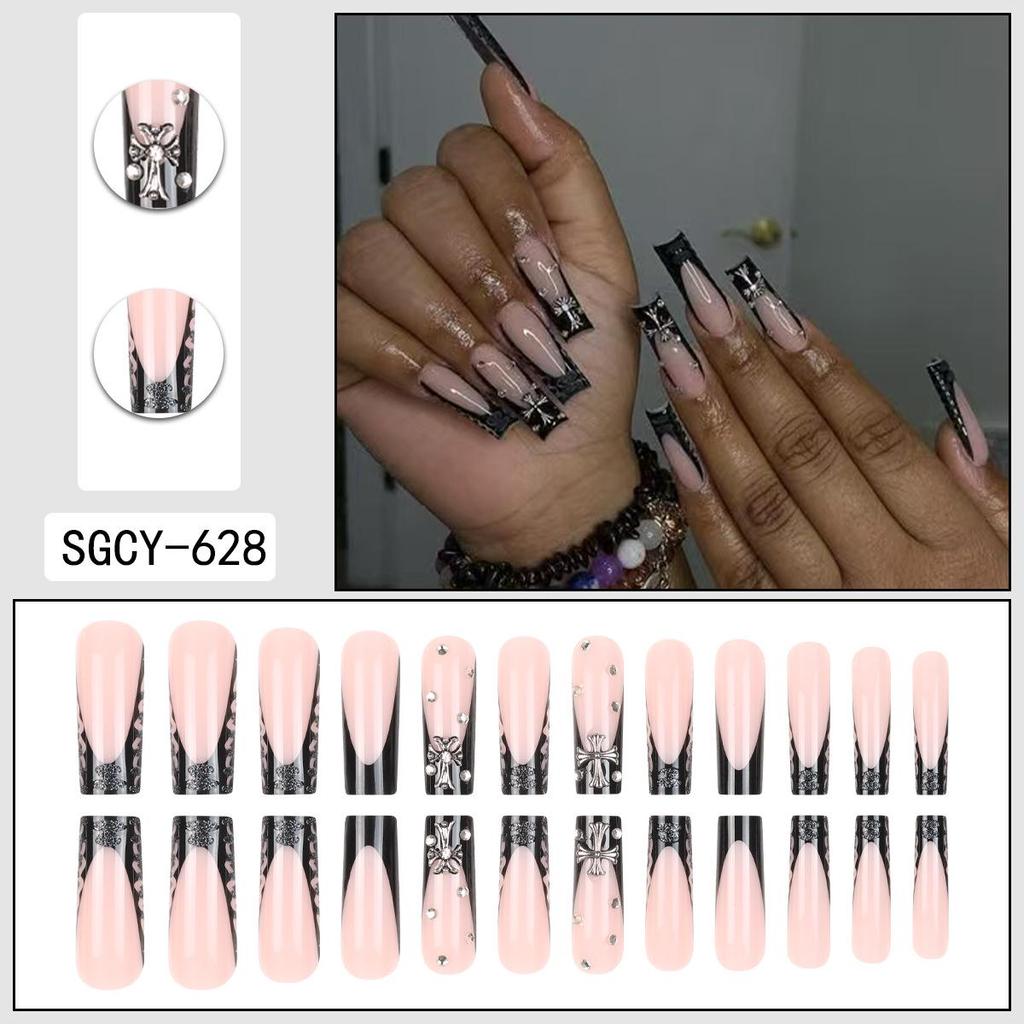 Black French Hollow Press-On Nails with Rhinestones - 24-Piece Set
