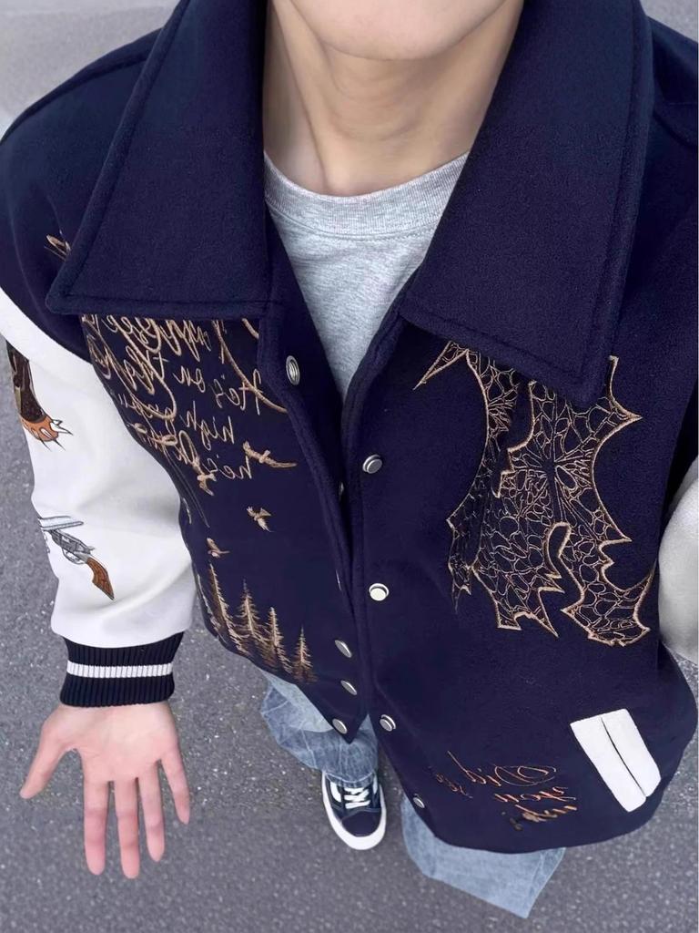 Unisex Guochao Letter Embroidery Baseball Jacket - Spring & Autumn High Street Style
