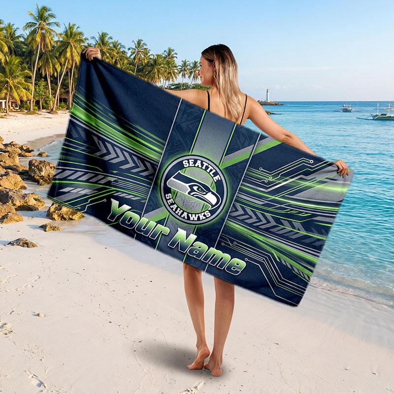 Seattle Seahawks Customized Name Text Beach Towel, Soft Absorbent Towel Beach Pool Travel Personal Gift