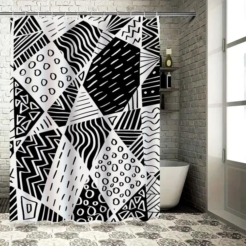 Black White Geometric Print Shower Curtain Modern Bathroom Decor Waterproof Fabric for Home Bathrooms Available in Various Sizes