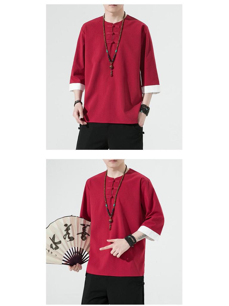 Men's Retro Plus Size Cotton Linen Hanfu T-shirt with Frog Button, Three-Quarter Sleeves