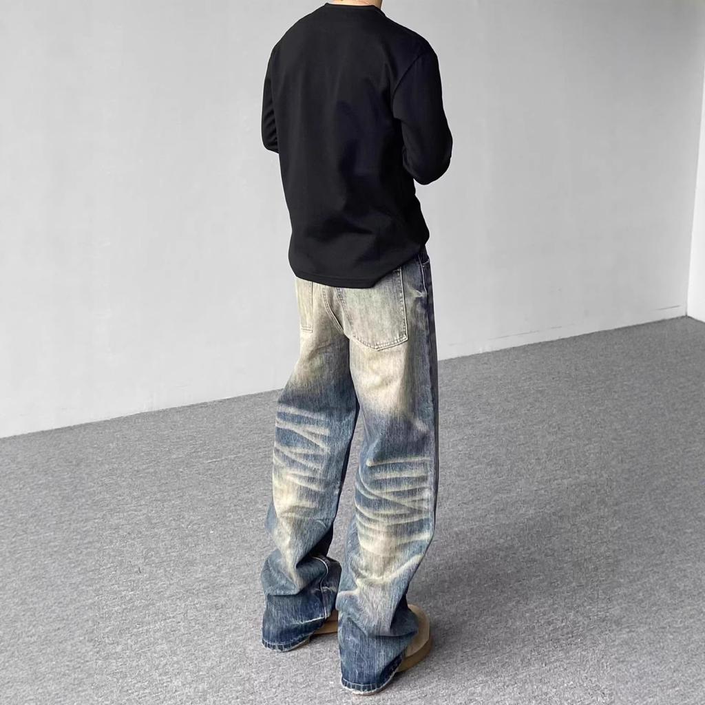 American vibe washed cat whisker gradual change wide leg jeans men's trend loose straight pants drape casual long pants