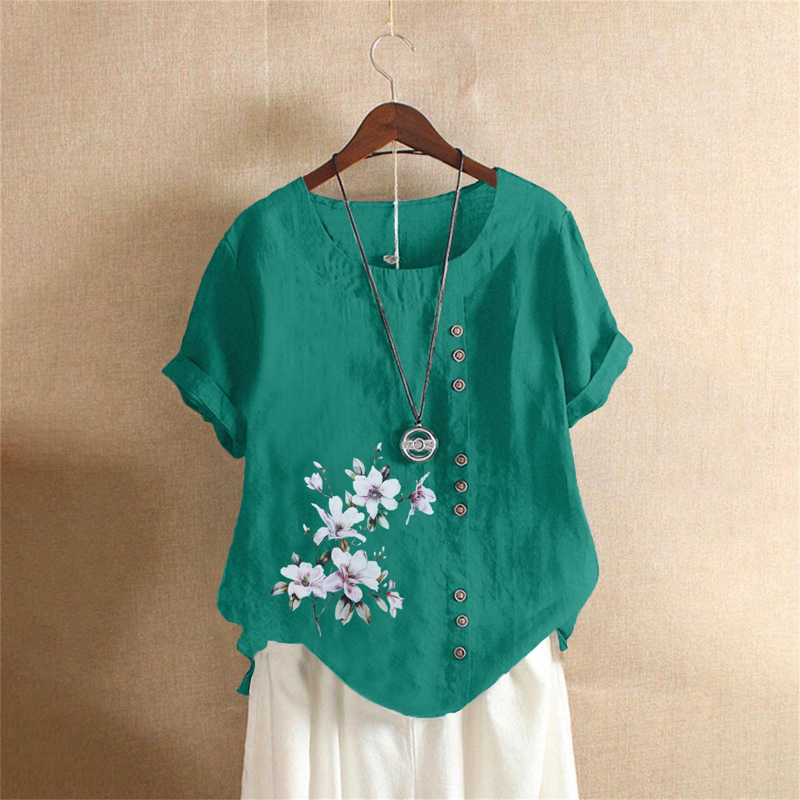 

Женская одежда из хлопка и льна, летняя и осенняя, в стиле ретро, повседневная свободная футболка с короткими рукавами 2XL зелёный