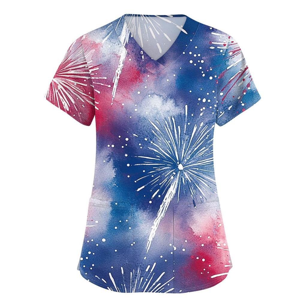 Women's Short Sleeve Independence Day Printed V-Neck Pocket Workwear Top