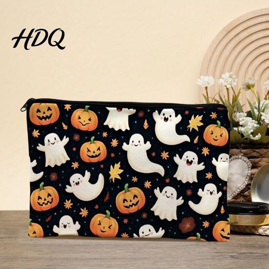 Anti Pilling Cosmetic Bag Bag Halloween Pattern Print Makeup Canvas Cute Daily Storage Zipper Pouch for Change Data Cable Washable Pencil Case